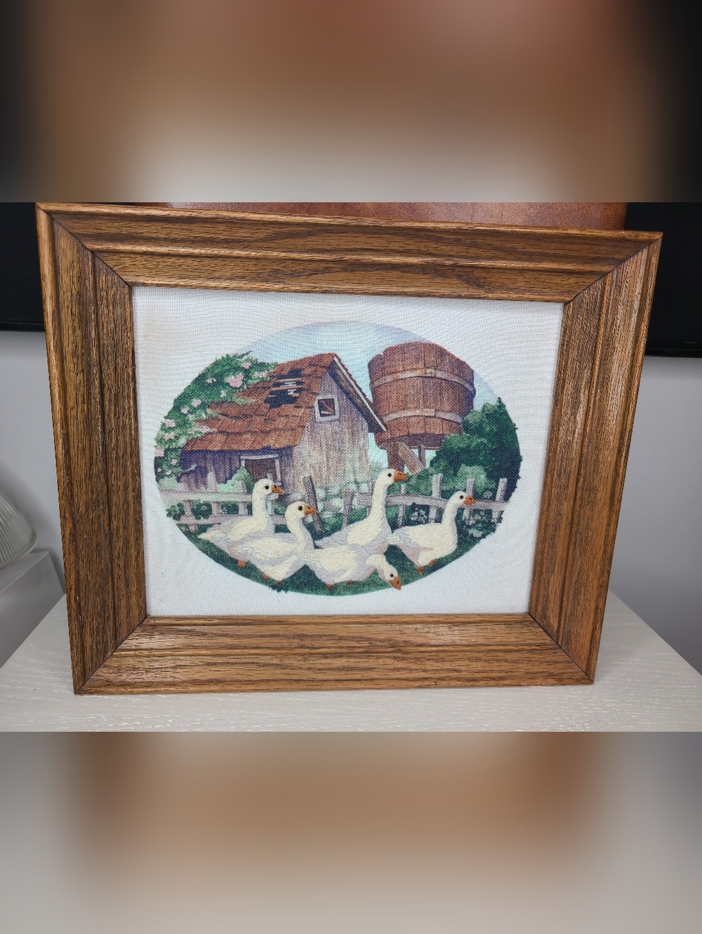 Vintage Crewel Embroidery Geese Farm Framed Cottagecore Wall Art